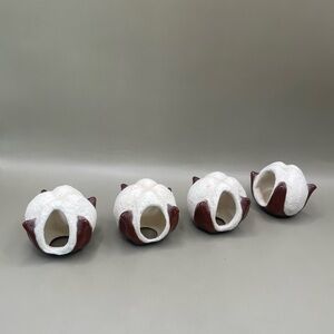 Vintage Signed Ev’s Cotton Ball Glazed Ceramic Napkin Rings Holders Set Of 4